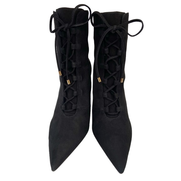 Good American Women's Scandal Lace Up High Heel Suede Booties in BLACK 6 New - Picture 5 of 14